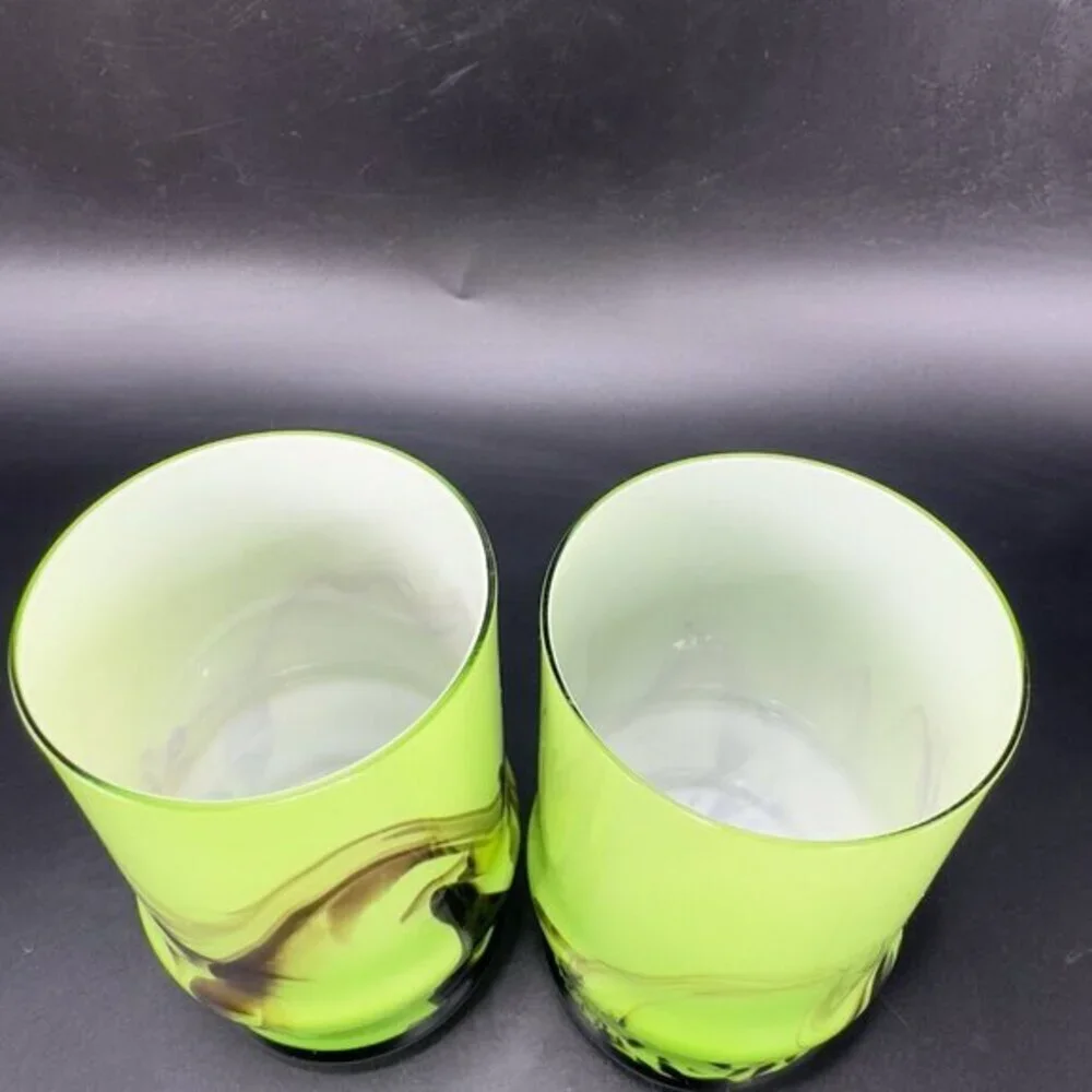 Vintage Bohemian Tumbler Glasses Set 2 Cases Green Black Swirls Glasses Cups VTG